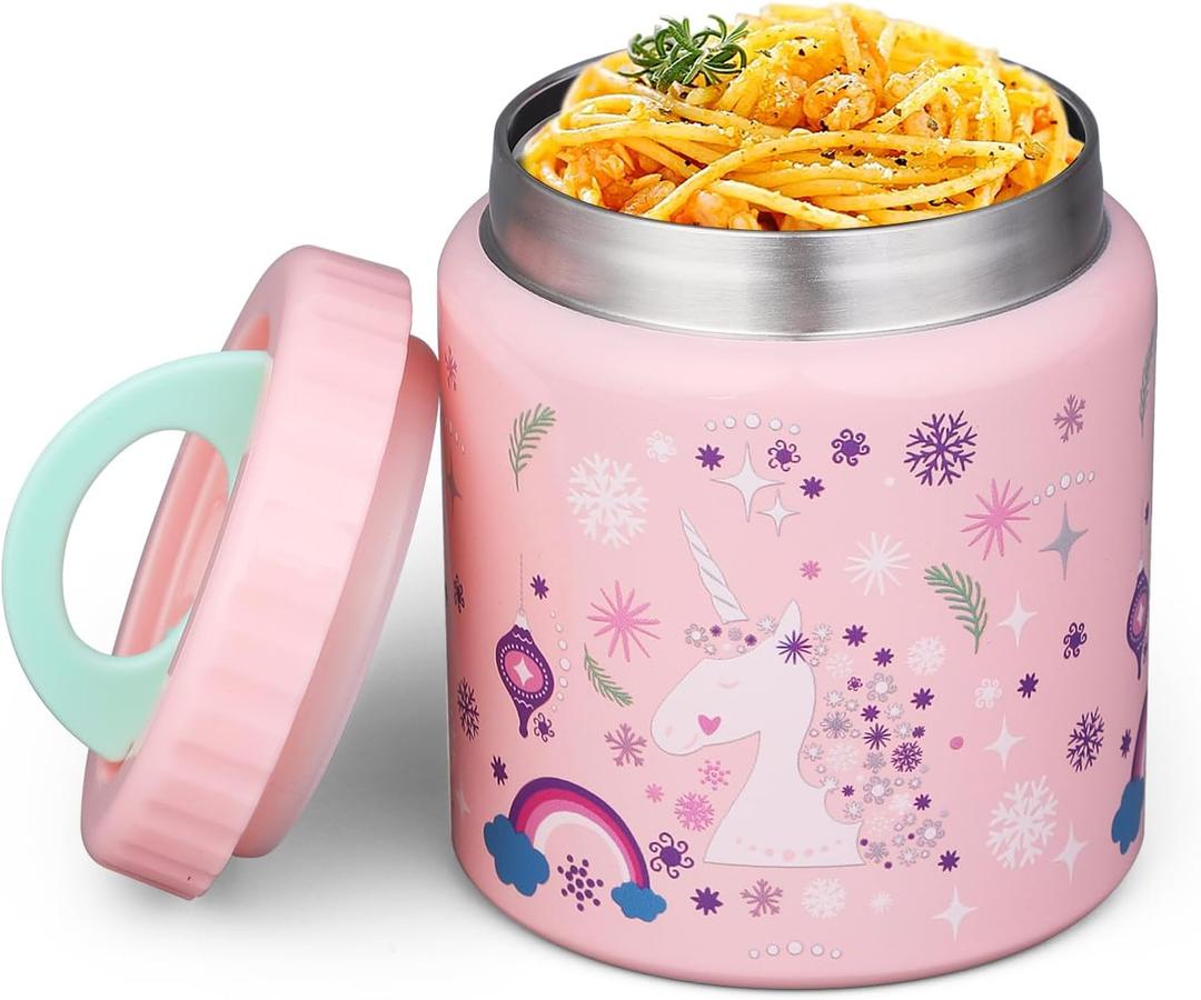 Insulated Thermo Food Jar for Kids - 17 Oz Capacity, Suitable for Hot & Cold Foods, Leak-Proof Vacuum Stainless Steel Design with Wide Mouth for Lunches, Soups and Travel (Light Pink Unicorn)