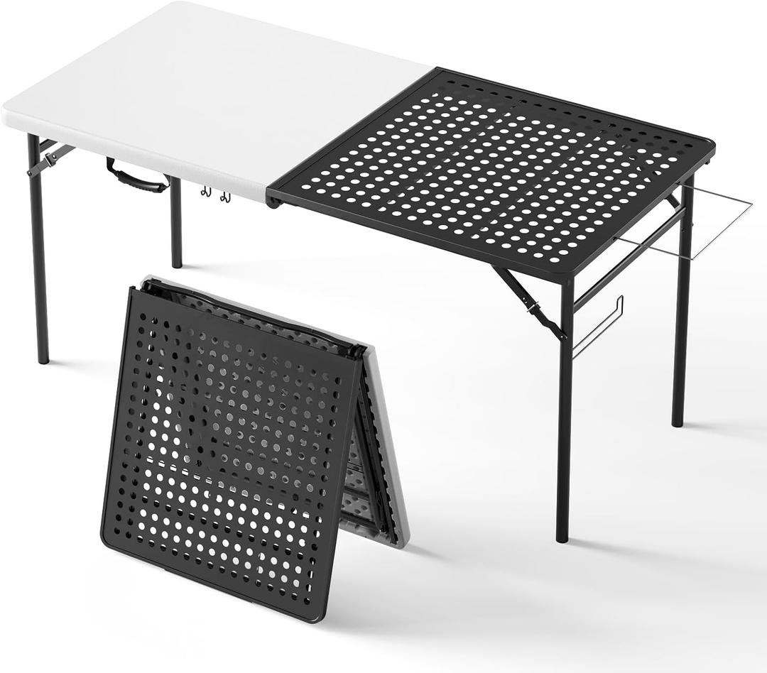 Grill Table, Portable Camping Table for Cooking & BBQ Grill, 2-in-1 Metal&Solid Surface Grill Table Foldable for Party Cooking, Backyard, Patio Use,(Black and White)