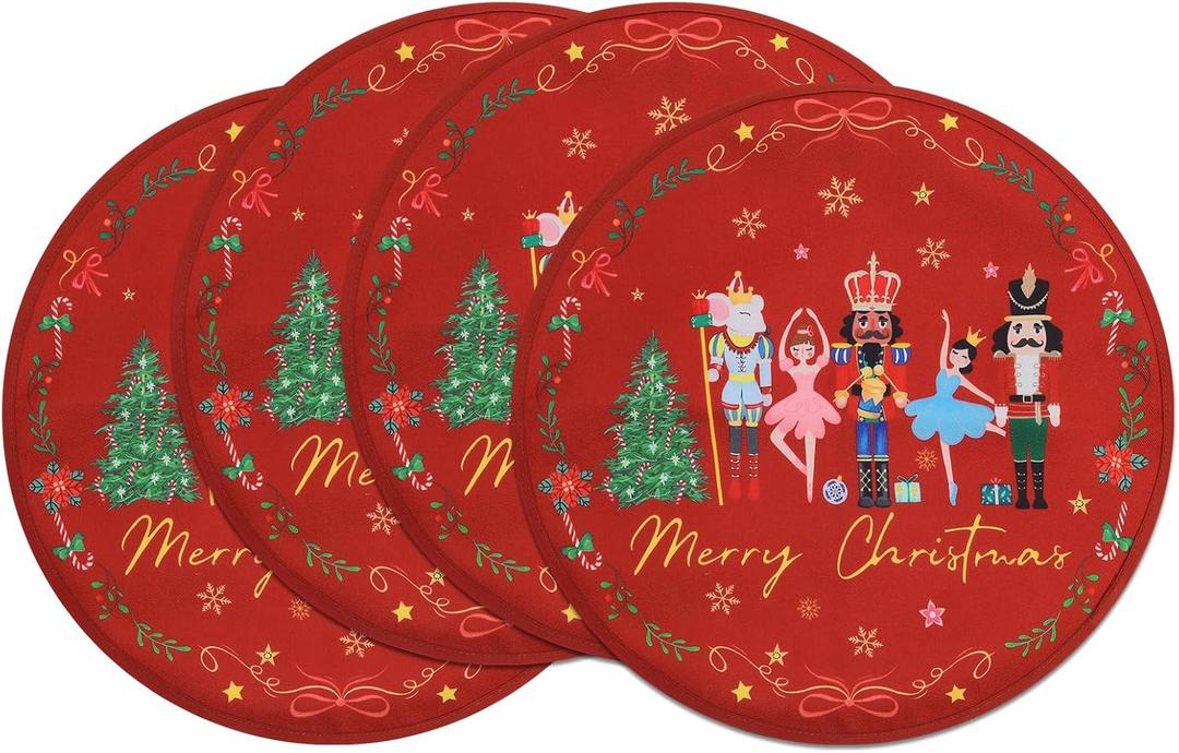 Christmas Nutcracker Round Double-Layer Placemats, 14, Set of 4 Washable Heat-Resistant Non-Slip Cloth Table Mats for Christmas Seasonal Holiday Decor (Red)