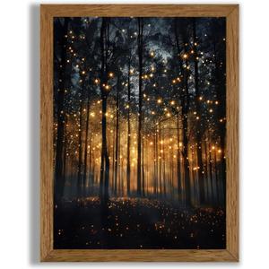 JLTULT Framed Enchanted Forest Firefly Canvas Wall Art, Dark Twilight Landscape Wall Decor, Rustic Botanical Nature Tree Art Prints for Bedroom Living Room Office Decoration 8x10 inch Easy to Hang