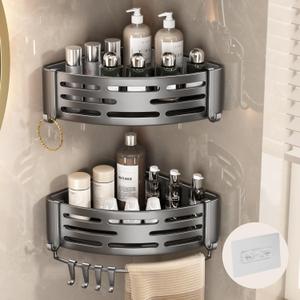 VOLPONE Corner Shower Caddy Adhesive Shower Shelf Corner No Drilling Bathroom Shower Organizer Storage Rack Rust-proof with Towel Bar (2-Pack, Gray)