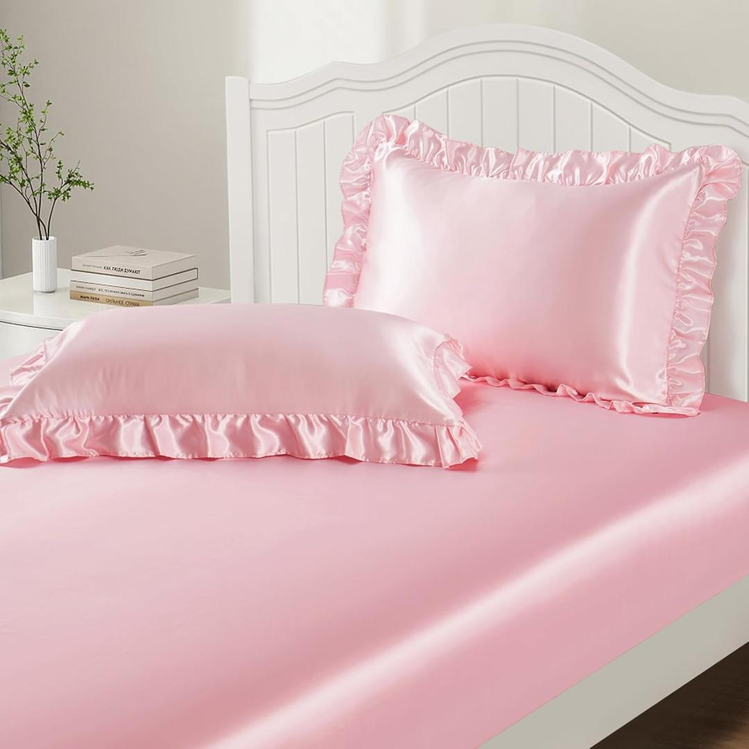 P Pothuiny 3-Piece Set Ruffle Satin Pillowcases & Queen Fitted Sheet, Luxury Blush Pink Satin Fitted Sheet Silky Soft Cute Bedding Bedroom Decor, Wrinkle Free, 15 Inch Deep Pocket
