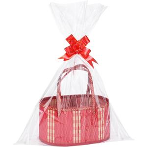 4 Set Valentine's Day Bamboo Baskets for Gifts Empty - 6"x7.5"x11.4" Large Easy to Setup Sturdy Gift Wrapping Basket with 2 Clear Bags and Bows, for Wedding Party, Baby Shower, Housewarming, Red