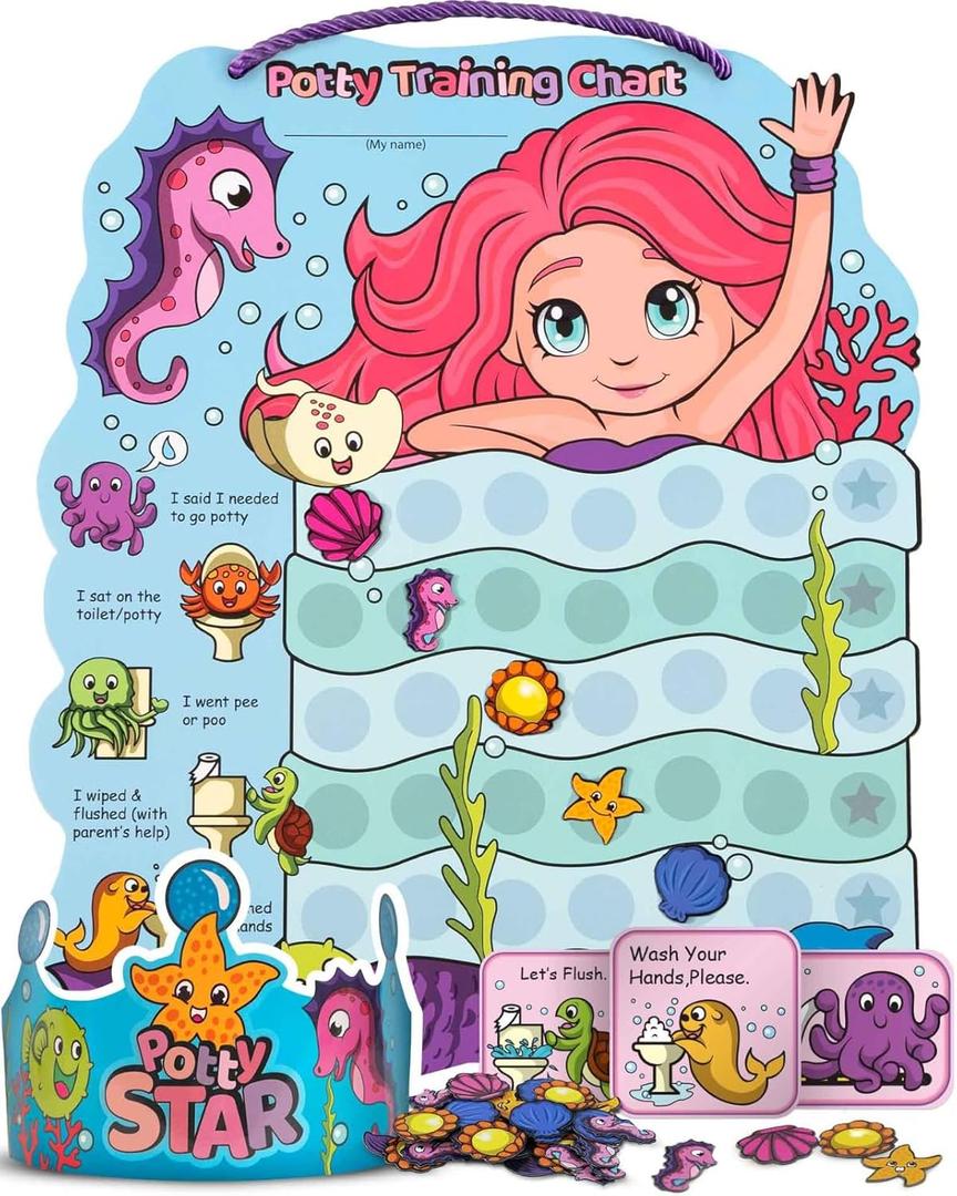PUTSKA Potty Training Reward Chart for Girls with 35 Reusable Stickers  Potty Chart for Toddlers Girls - Reward Chart for Kids for Toilet Success - Mermaid