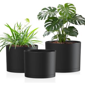 10/9/8 Inch Large Plant Pots with Drainage Holes and Trays, 3 Pack Modern Minimalist Cylinder Planters for Monstera, Snake Plant, Indoor Outdoor (Matte Black)