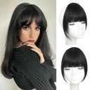 Clip in Bangs 100% Real Human Hair Natural Black French Bangs Fringe with Temples Thick Curtain Bangs Clip on Bangs Curved Fake Bangs Hairpieces for Women for Daily Wear