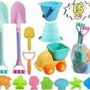 IOKUKI Long Shovels Sand Toys Set with Mesh Bag Including Dump Truck, Beach Buckets, Shovels, Rakes, Molds, Outdoor Beach Toy Tool Kit for Kids, Toddlers, Boys 1and Girls (15 PCS) Age 3+