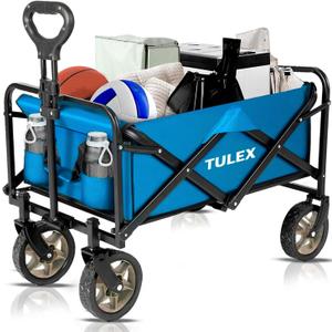 TULEX 4324 Wagon Cart with Wheels Foldable - Collapsible Utility Wagon Heavy Duty, Folding Grocery Wagon, All Terrain Wagon Outdoor Camping Garden, Blue. (Blue)