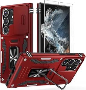WRJ Case for Samsung Galaxy S25 Ultra 6.9-Inch Case with Slide Camera Cover and Screen Protector, Military Grade Protection [Rotated Ring Kickstand] Heavy Duty Shockproof Protective Case-Red