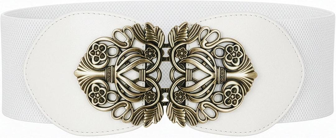 BlackButterfly 3 Inch Wide Waspie Elastic Vintage Buckle Waist Belt (White, XXL)