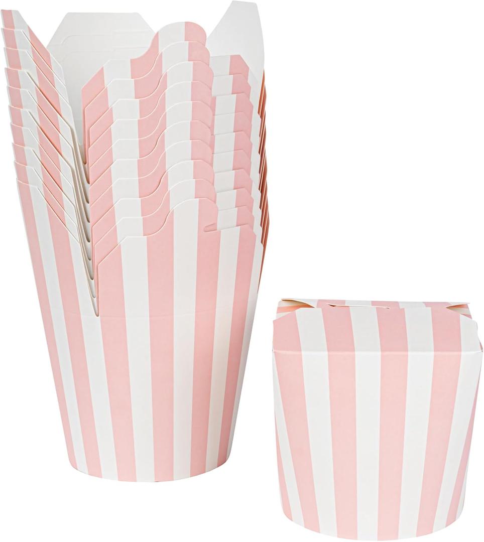 Bio Tek 4 x 3.4 x 3.7 Inch Food Containers, 50 Noodle Takeaway Boxes - Disposable, Striped, Pink And White Paper 26 Ounce Take Out Boxes, Round, For Hot Or Cold Foods - Restaurantware