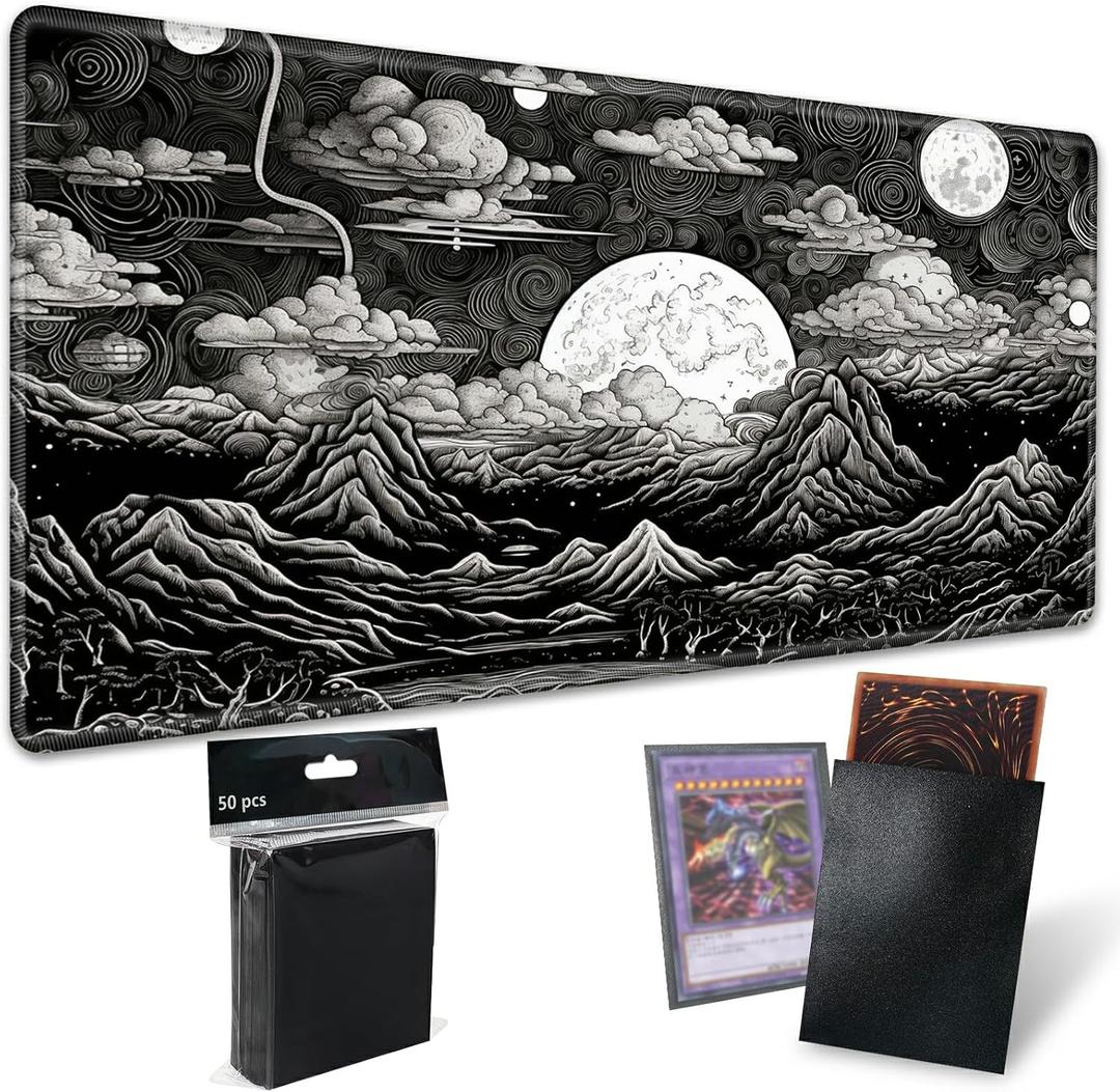 for MTG Playmat TCG Board Game Mat Plus 50 Pcs Card Sleeves, 24 x 14 Table Mats Black and White Landscape Game Mousepad with Soft Surface Non-Slip Base for MTG Trading Card Game Playmats