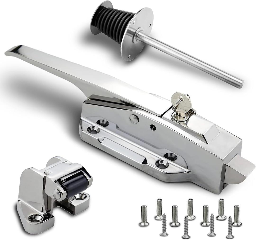 Walk in Cooler Door Handle, Walk in Cooler Door Closer Complete Latch Kit, Freezer Doors Handle (Metallic Silver (304 Stainless Steel Push Rod), 1/8 in to 1/4 in(Flush))
