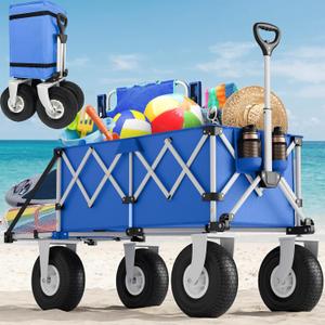 Heavy Duty Beach Wagon with Big Wheels for Sand, 10" Wheel Collapsible Wagons Foldable Large Wagon Cart Folding All Terrain for Camping(Blue)