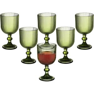 Vintage Wine Glasses Set of 6, 11 Ounces Colored Glass Water Goblets, Unique Embossed Pattern High Clear Stemmed Glassware Wedding Party Bar Glass Drinking Cups Fancy Glasses Vertical Line Grey (Green)
