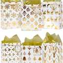 JOYIN 12 PCS Christmas Holiday Foil Gold Gift Bags with Tissue Papers and Name Card Tags; Assorted White Winter Prints for Party Favors Goody Bags, Xmas Presents and Wrapping Stocking Stuffers (8" x 4" x 10")