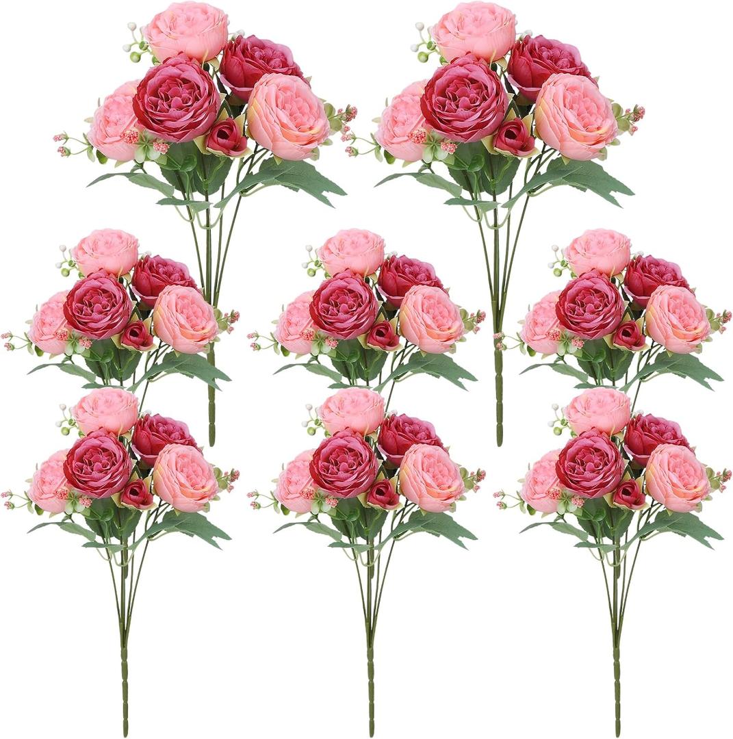 8 Pack Pink, Dark Pink Peonies Artificial Flowers, Fake Silk Hydrangea Bouquet for Bridal Wedding Home Table Decor Reusable Dining Opening Ceremony Birthday Arrangement Faux Floral