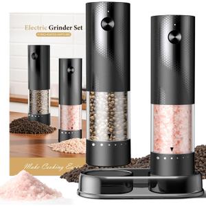 Electric Salt and Pepper Grinder Set - Rechargeable Automatic Salt and Pepper Shakers, Kitchen Appliances with External Adjustable Coarseness, Larger Hopper for Cooking, Home Gifts(2 Pack,Black/Black)