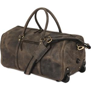 Leather Rolling Travel Duffle Bag for Men Women 21 inch with wheels Sports Overnight Weekend Duffel Gym Cabin Holdall with wheels for easy carry