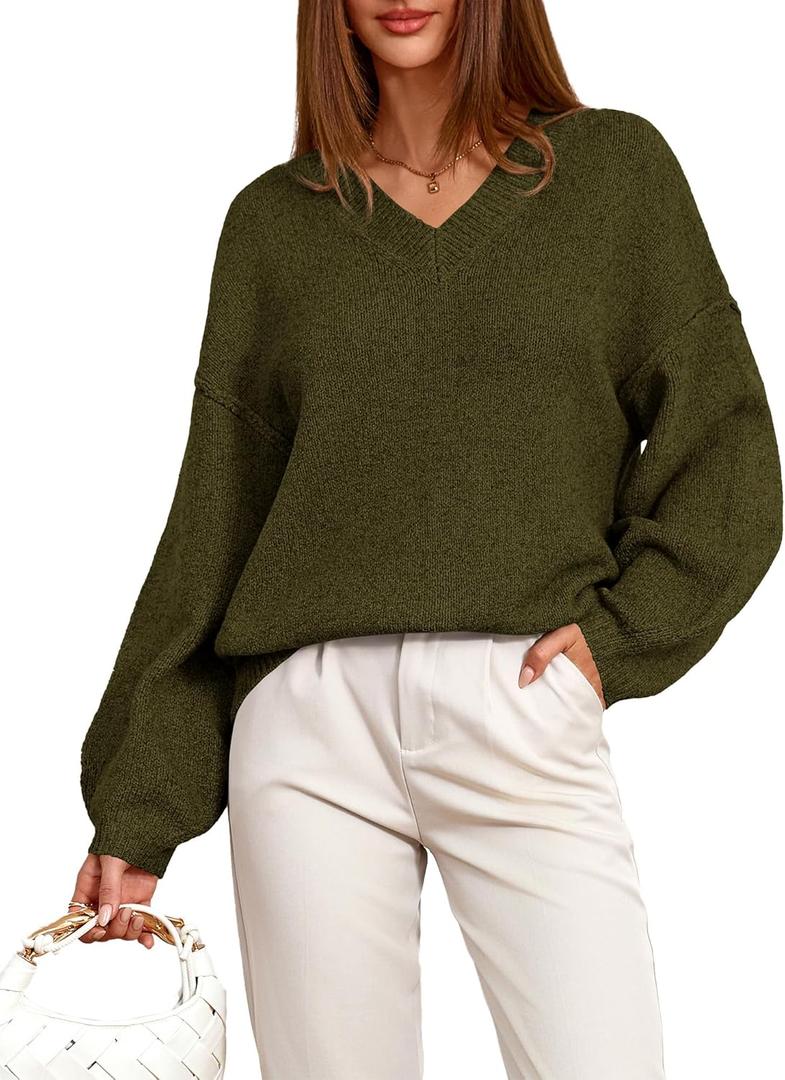BTFBM Casual Long Sleeve Sweaters for Women Loose V Neck Ribbed Knit Pullover Tops Womens Fall Fashion 2025 (Small, Army Green)