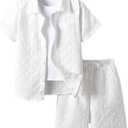 RoseSeek Boy's 2 Piece Beach Vacation Textured Linen Outfit Short Sleeve Button Down Shirt Top and Shorts Summer Set (White, 10Y)
