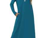 Marvmys Womens Long Sleeve Nightgowns Long Button Up Night Gown Henley V Neck Full Length Sleep Shirts with Pocket (Blue, XL)