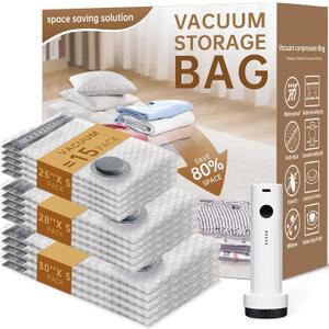 Vacuum Bags for Travel with Wireless Rechargeable Pump, 15 Pack Carry-on Size Compression Packing Seal Bags for Luggage and Suitcase, Space Saver Vacuum Storage Bags for Clothes and Clothing Travel