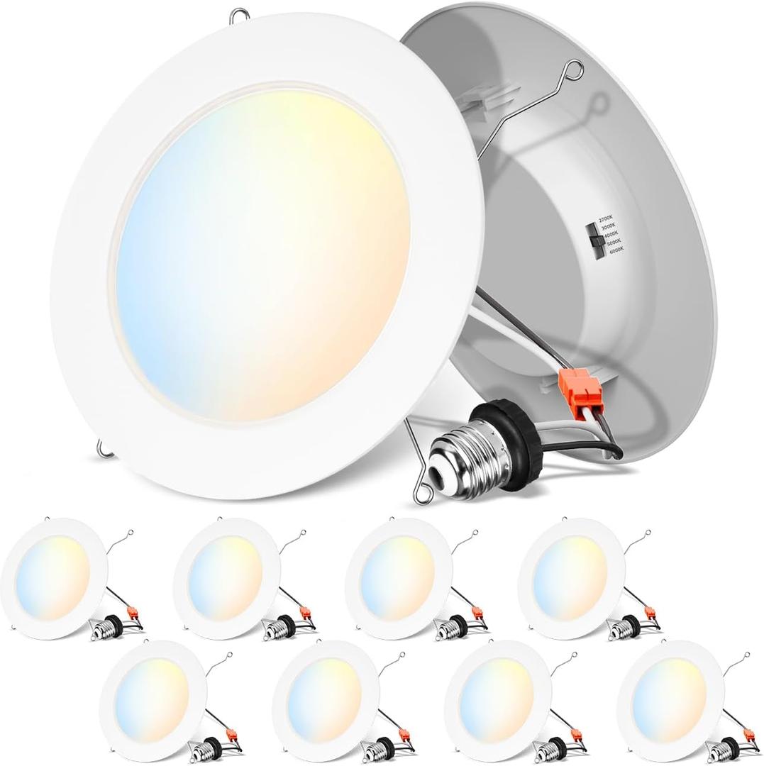 ANWIO Recessed Lighting 6 Inch, 5CCT Flat Retrofit LED Recessed Lights Can Needs, 2700/3000/4000/5000/6000K Selectable Can Lights 10W(120W Equivalent) CRI 80+ Dimmable E26 Base IC Rated & ETL 8 Pack (White)