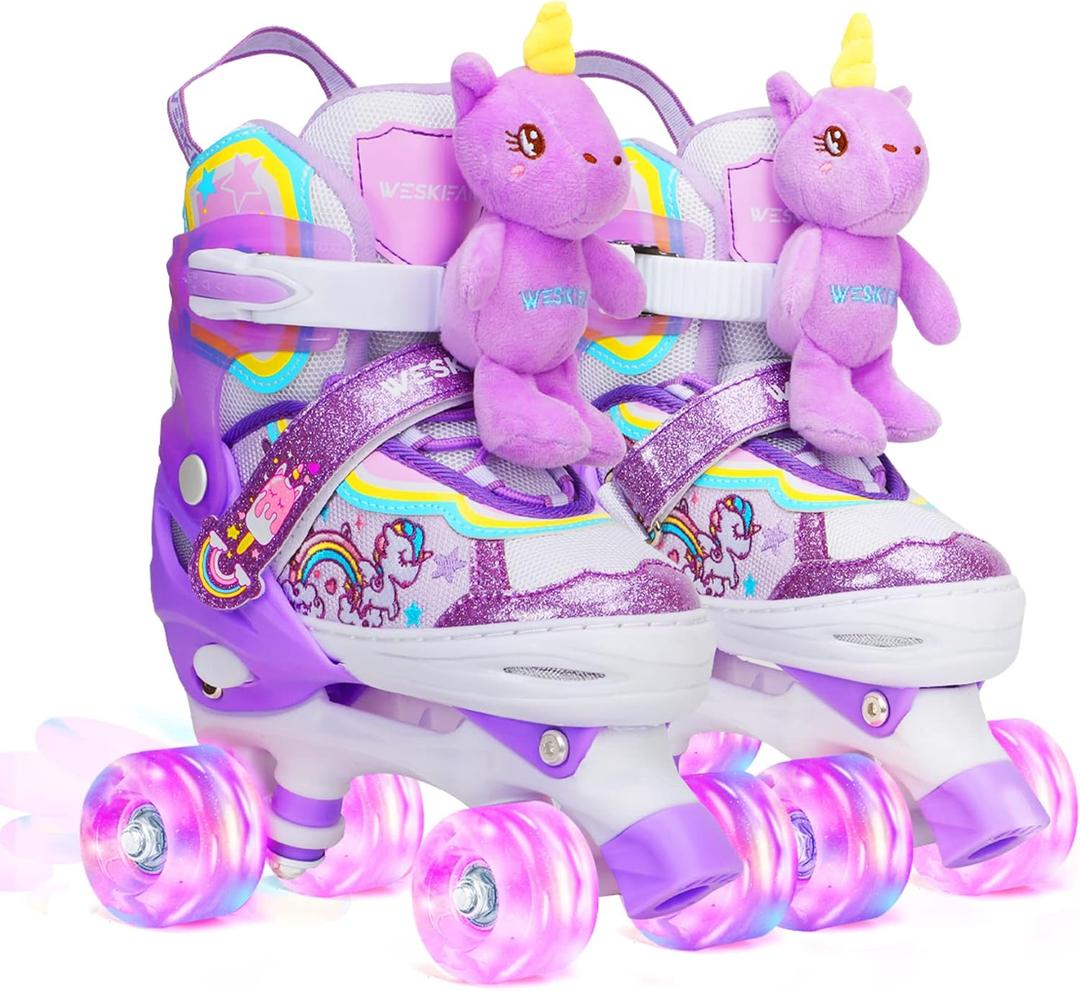Dino Kids Toddler Roller Skates for Boys Girls,WESKIFAN Dinosaur Quad Skating Shoes with Shiny Light up Wheels&Adjustable Sizes Beginners rollerskates for Birthday Xmas Gifts (Small-Little Kid(10.5C~13C), Doll-Purple)