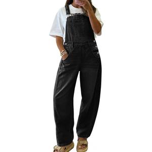 chouyatou Women's Baggy Adjustable Strap Denim Bib Overalls Barrel Jeans Casual Loose Wide Leg Denim Pant Jumpsuits (Black, L)