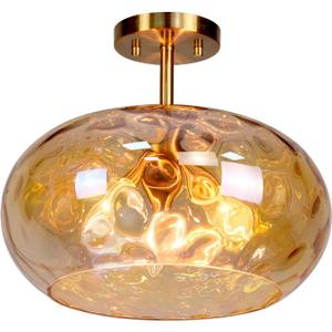 Brass Gold Semi Flush Mount Ceiling Fixture Large Hammered Glass Shade Modern Close to Ceiling Light 14" Art Lampshade for Hallway Foyer Bedroom (Amber Glass Shade, 14 Inches)
