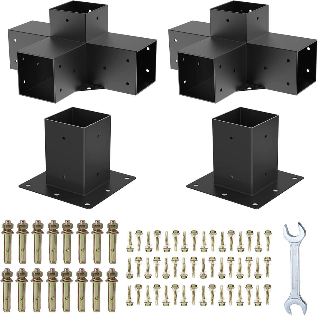 Woodworks Pergola Brackets - Modular Modern Outdoor Pergola Hardware Kit - DIY Elevated Wood Stand - Includes 2 Bracket Shoulders & 2 Boots for 4x4 (Actual: 3.5x3.5 Inch) Lumber (4x4inch 4-Way Corner Brackets & Base)