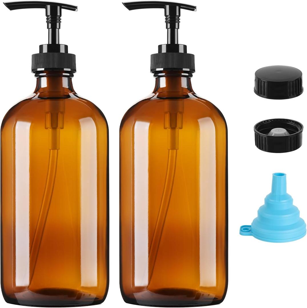 Vitreaux 16oz Amber Glass Soap Dispenser, 2 Pack Refillable Hand Soap Dispenser with Leak-Proof Pump, Brown Glass Bottle for Dish Soap, Lotion, Shampoo, Conditioner, Body Wash