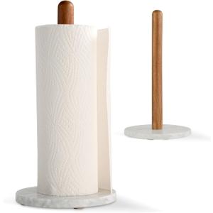 Acacia Wood & Marble Paper Towel Holder Freestanding Paper Towel Holder for Countertop, Weighted for One-Handed Use, for Kitchen, Bathroom, Office