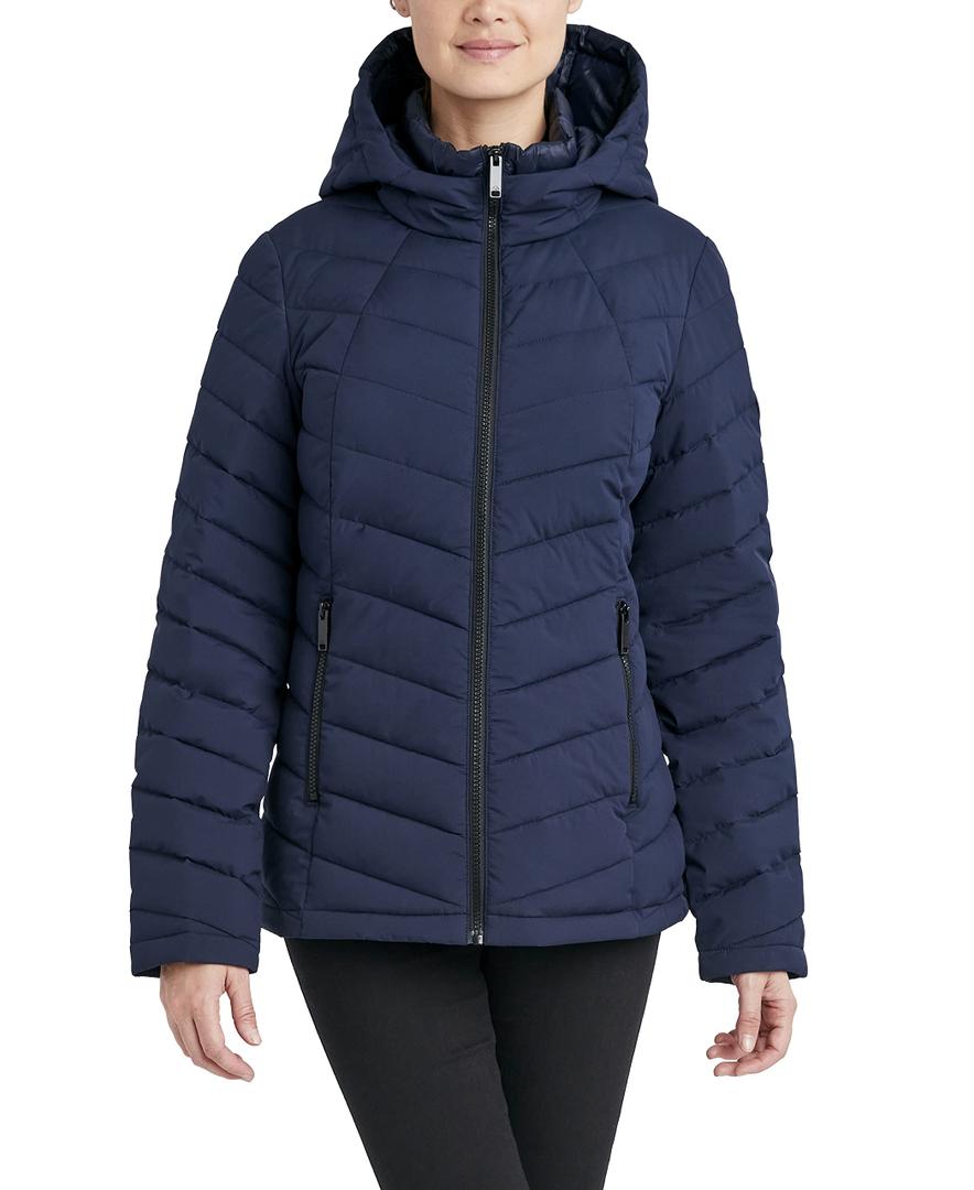 HFX Women's Mid-Weight Puffer Jacket – Stretch Fabric Winter Coat, Faux Fur Hood Lining, Thumbhole Cuffs, Midnight Navy, Large