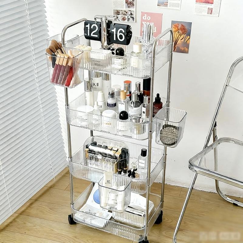 Tier Rolling Cart with Hanging Basket, Easy Assembly Acrylic Storage Carts with Lockable Wheels, Utility Cart Storage Organizer Serving for Office, Living Room, Kitchen, Bathroom (4-Tier with Box)