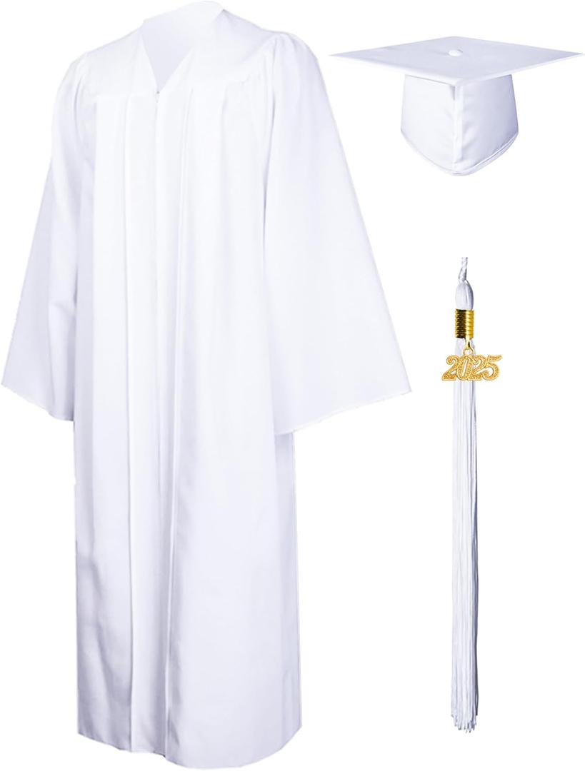 GraduationMall Matte Graduation Gown Cap Tassel Set 2025 for High School and Bachelor (51, White)