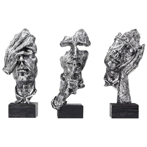 aboxoo Large Size 3 Pcs Thinker Statue, Silence is Gold, See No Evil Hear No Evil Speak No Evil Statues, Modern Resin Sculptures Decor for Living Room, Home, Office Study (Silver)