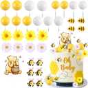 MEMOVAN Winnie Bear Cake Topper Winnie Baby Shower Cake Decorations Pooh Bear Toppers Yellow White Balls Cupcake Picks with Classic Pooh Bees Daisys Flowers for Oh Baby Bee Theme Shower Birthday Party