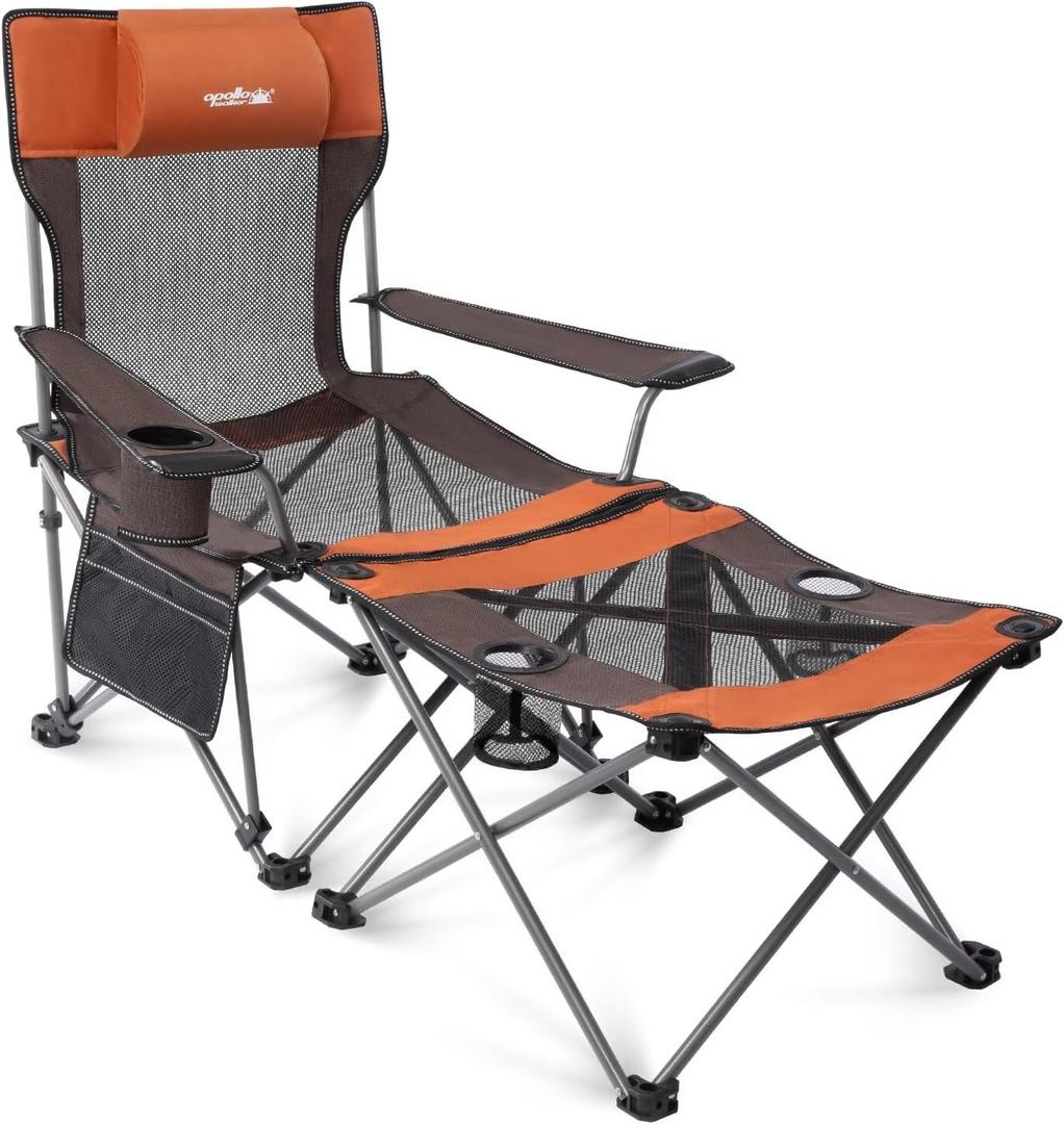 apollo walker Reclining Beach Chair, Adjustable 90-135 Backrest Camping Lounge Chairs for Adults, Folding Chair with Foot Rest & Detachable Pillow - Upgraded 8-Leg, Orange