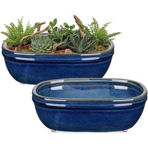 DILATATA Set of 2 Oval Ceramic Bonsai Planter Pots (9.3 x 6.3)  Glazed Succulent & Cactus Flower Pots Without Holes for Indoor & Outdoor Plants, Bonsai Tree Pot Decorative Garden Containers