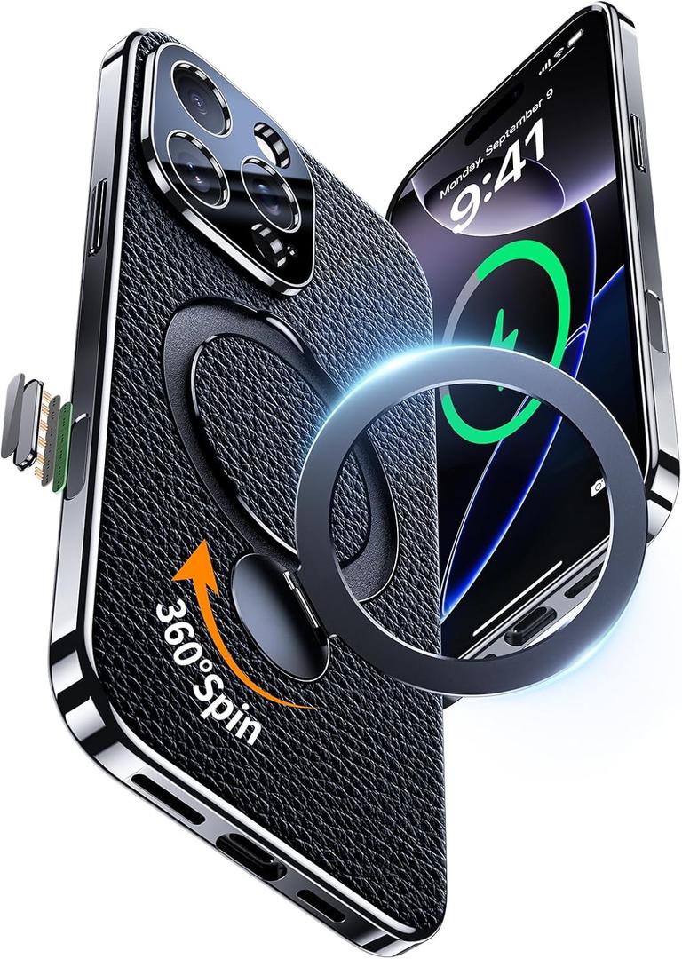 RUIMMU for iPhone 16 Pro Max Case, Genuine Leather Case with 360 Rotatable Kickstand for iPhone 16 Pro Max, Wireless Charging Compatible Black