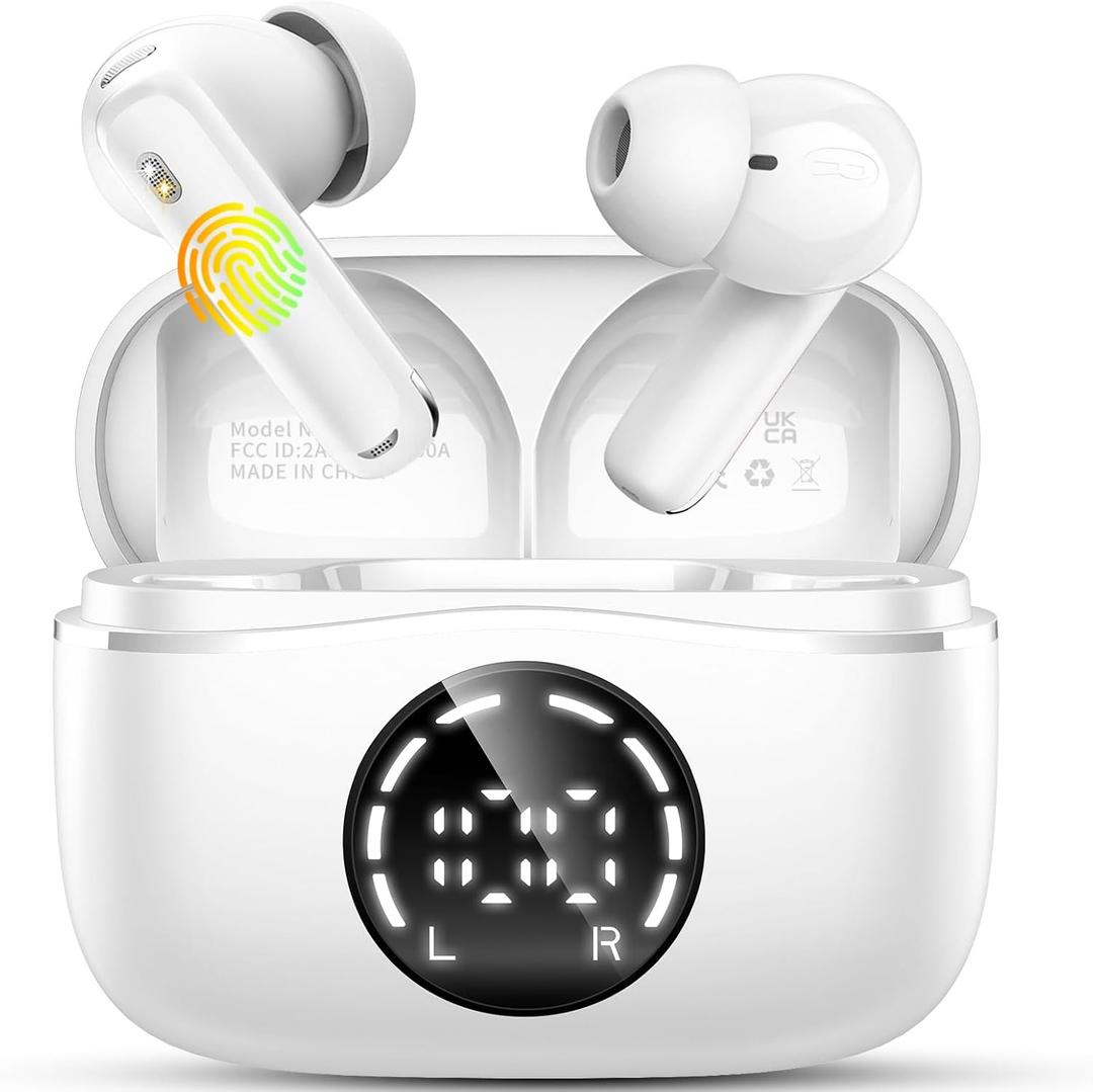 Wireless Earbuds, Bluetooth 5.4 Headphones, HiFi Stereo Deep Bass Earphones with USB-C Fast Charging, IP7 Waterproof Ear Buds with 4 ENC Noise Cancelling Mic for Sports, Running, Gym, White
