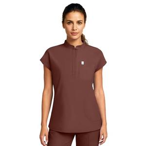 Medical Scrub Tops for Women - Mandarin Collar, Relaxed Fit, 4-Pocket Design, Shirttail Hem, Soft Stretch Scrub Shirts and Pants Brown Medium