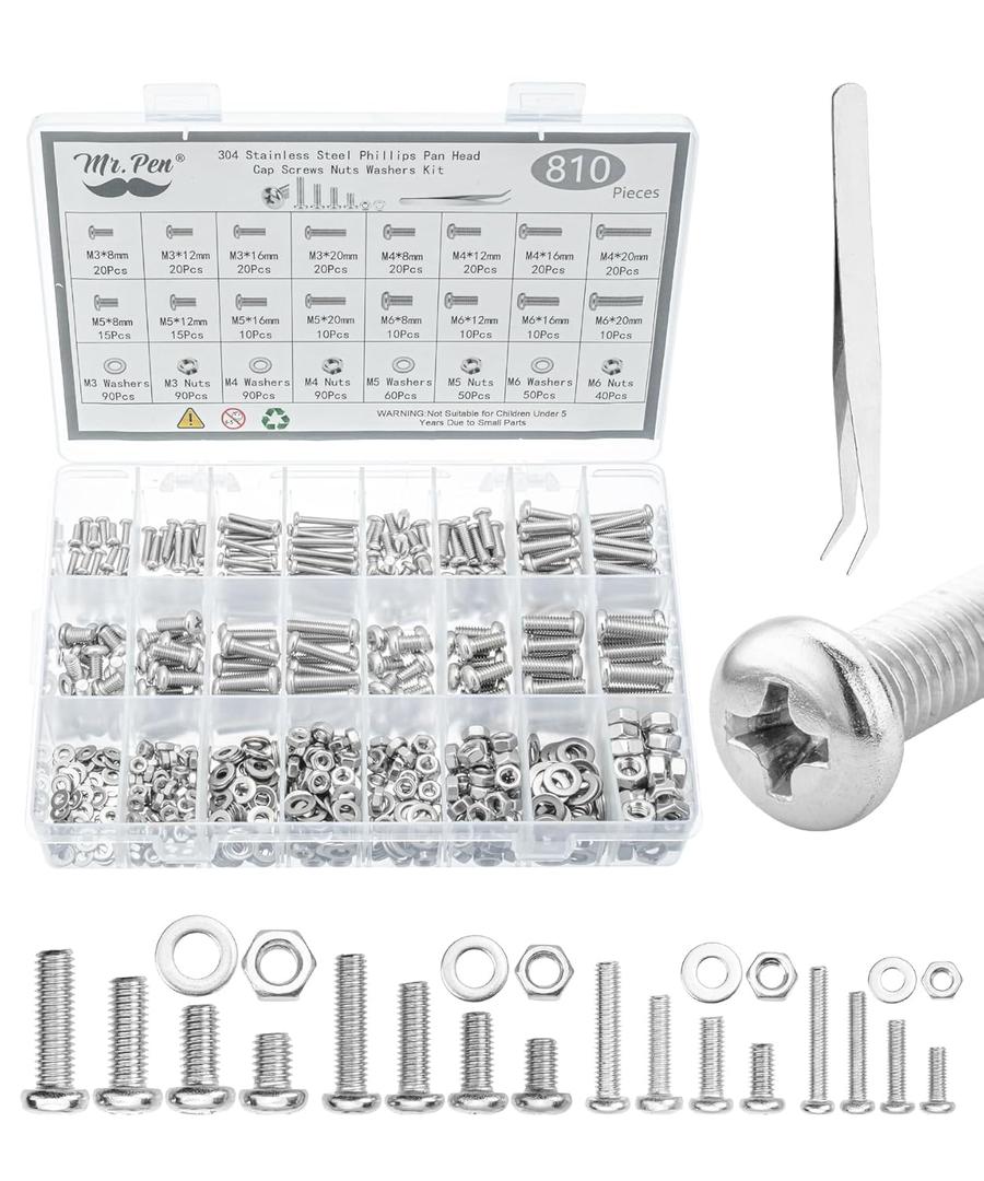 Mr. Pen- Nuts and Bolts Assortment Kit, 810 pcs, Stainless Steel M3 M4 M5 M6 Phillips Pan Head Assorted Nuts and Bolts, Machine Screw Assortment Kit with Clear Storage Box