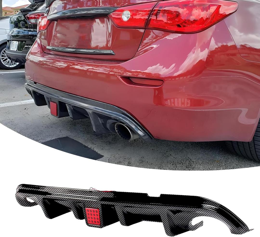 Rear Diffuser with Light Fit for Infiniti Q50 2014 2015 2016 2017, Add-on Body Kit Rear Bumper Lower Lip Splitter Exterior Accessories (Carbon Fiber Style)