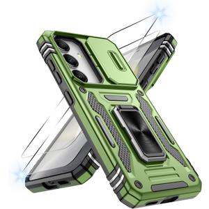 ATUMP for Samsung Galaxy S24 Plus Case with [2Pcs] HD Screen Protector & Slide Camera Cover, Rotated Ring Kickstand [Military Grade Shockproof] Protective Case for Galaxy S24 Plus 6.7", Olive Green