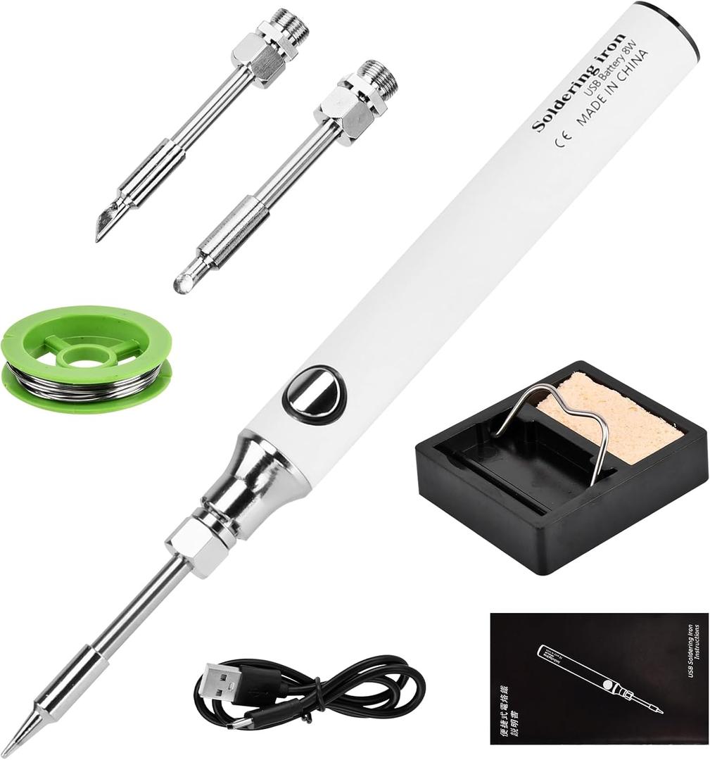 Cordless Soldering Iron Kit, 8W USB Rechargeable, 3 Temp Modes, 3 Tips+Stand+Wire | Portable for Electronics Repair, Jewelry Making, DIY  Beginners & Pros (White) (Small)