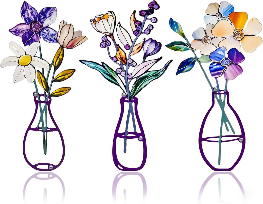 ArtCachet 3-Piece Metal Floral Wall Art - Bathroom Arts & Modern Farmhouse Decor,Home Wall Decors Sculptures for Living Room, Dining Room, Bedroom Wall Decorations & Housewarming Gift(Purple -2)