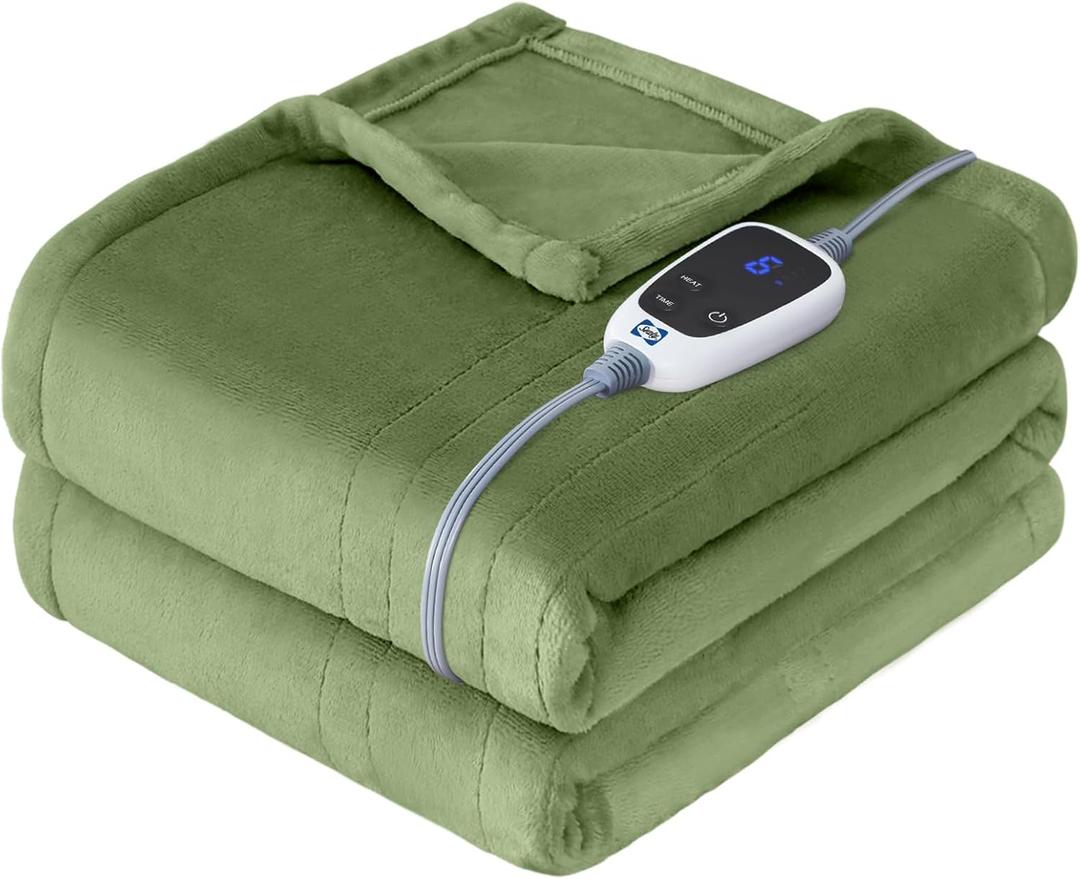 Sealy Electric Blanket Heated Throw, Soft Flannel Heating Blanket with 6 Heat Settings & 2-10 Hours Auto Shut Off, Fast Heating & Machine Washable, 50x60 Inch, Green